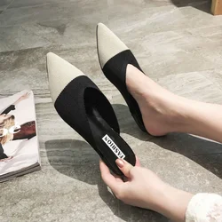 Women Mules 2024 Summer Knitting Pointed Women Half Slides Mules Loafers Casual Slipper Female Shoes Flat Sandals Size 35-43