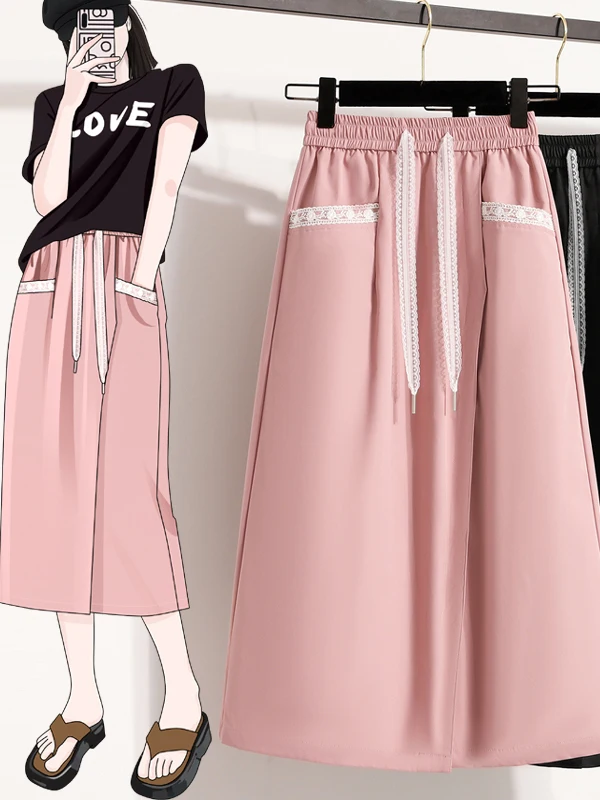 

High Waist Casual Thin A-Line Skirt for plus Size Women Summer Cotton Polyester Blend Mid-Length Korean Sle f Body Skirt