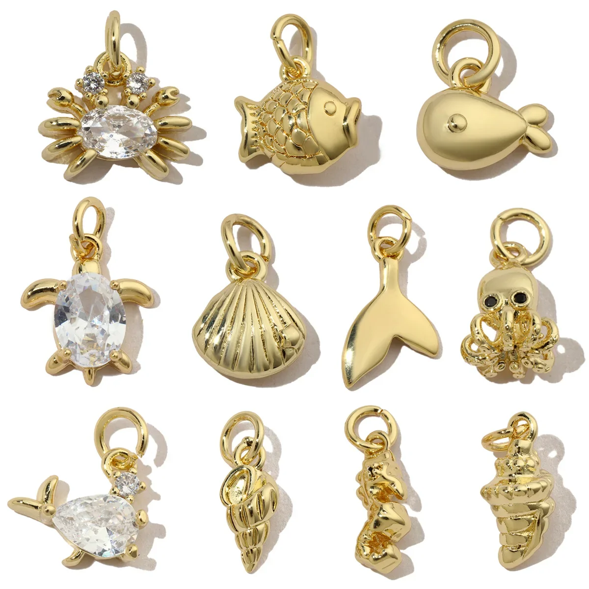 3pcs/Lot Cute Coper Zircon Crab Turtle Bracelet DIY Charms Women Gold Color Tail Dolphin Necklace Pendant Octopus Shell Jewelry