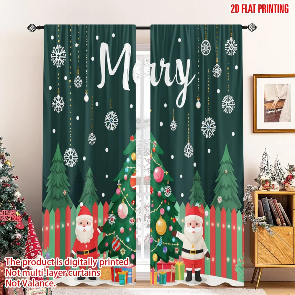 

2pcs 2D flat printing Christmas Scene Curtain Merry Christmas Santa Tree Polyester Fabric Without Electricity Family Party Use