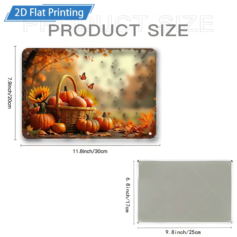 [2D FLAT] Металлический знак, 1 шт., 8x8-дюймовая корзина с тыквой для осеннего урожая, 2D металлический настенный художественный декор с плоским принтом