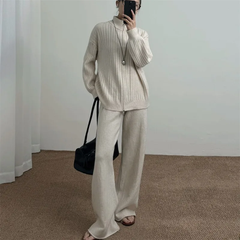 

Брюки, костюм, осень-зима, однотонный вязаный кардиган с воротником-стойкой на молнии, женские новые повседневные широкие брюки для женщин, состоящие из двух предметов
