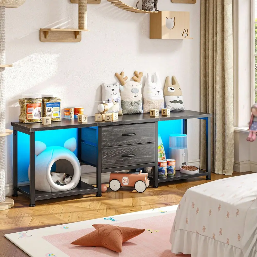 

LED TV Stand With 2 Fabric Drawers 2 Open Storage Shelves, TV Console MultiFunctional Storage Cabinet For Living Room, Easy To