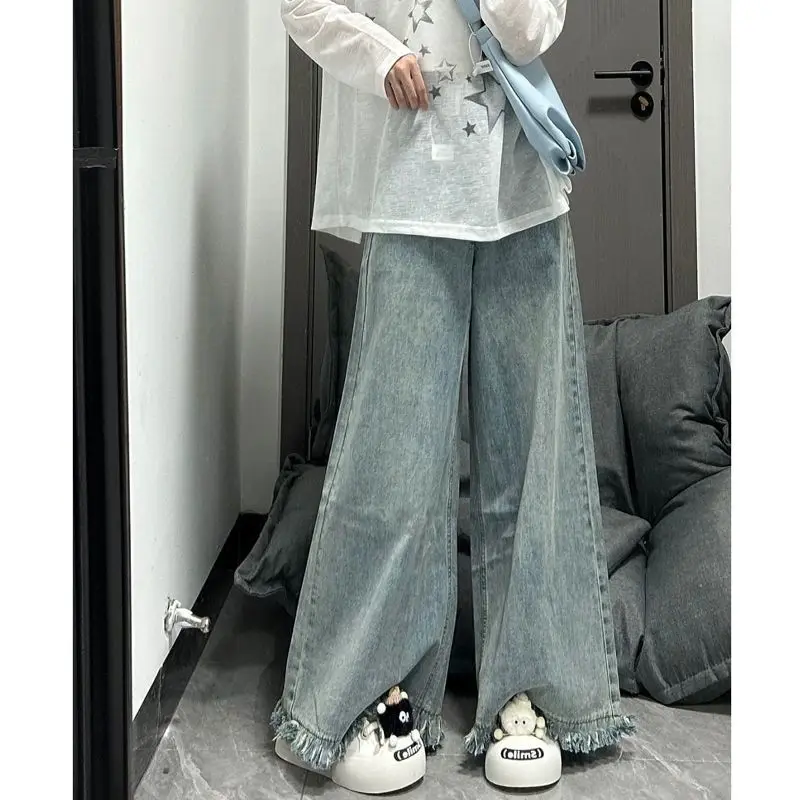 Raw Edge Hot Girl Retro Wide-legged Denim Women's New Thin High-waisted Loose Versatile Straight-leg Floor-length Mopping Pants