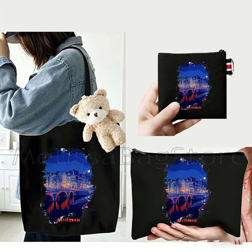4PCS Gift Set Amsterdam Netherlands Black Canvas Tote Bag Handbag with Doll Key Coin Purse Cosmetic Makeup Toilet Bag Case Pouch