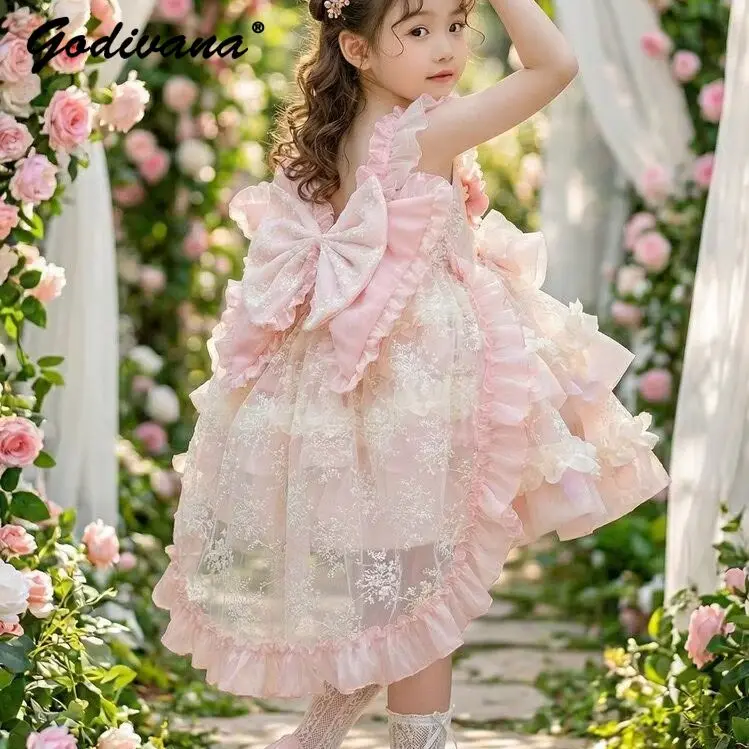 Sweet Baby Girls Summer New Heavy Pink Lolita Tutu Dress Kids Lace Trim Bow Train Sleeveless 3D Floral Tulle Birthday Party Gown