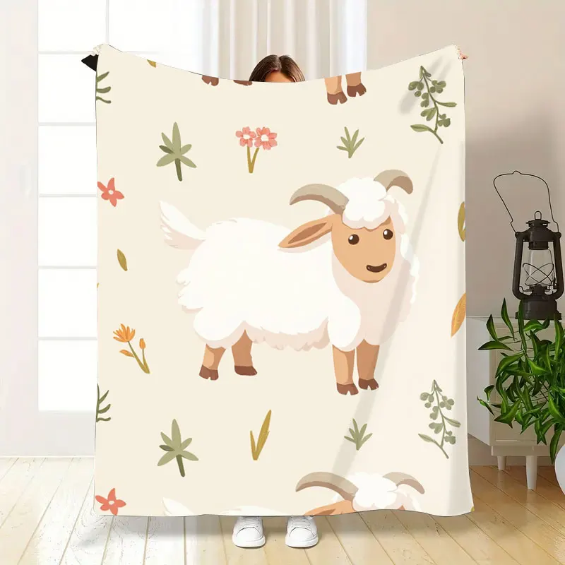 1 coperta in flanella con pecora carina e stampa floreale, morbida e accogliente coperta per la decorazione domestica