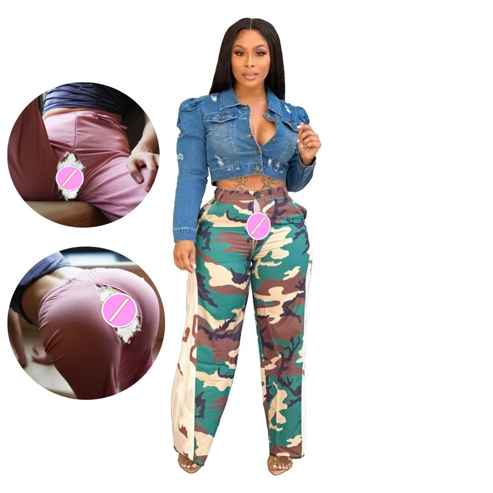 

Women's High Waist Slim Fit Jogger Cargo Camo Flare Pants for Outdoor Open Crotch Sex Trousers with Invisible Zipper Plus Size