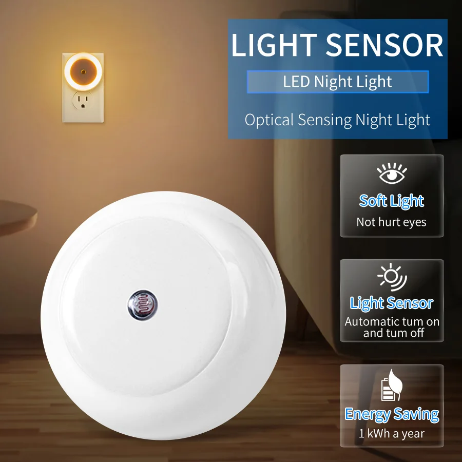 Light Sensor LED Round Night Light US EU Plug Mini Sensor Light AC110-220V For Hallway Staircase Bedroom Night Lighting