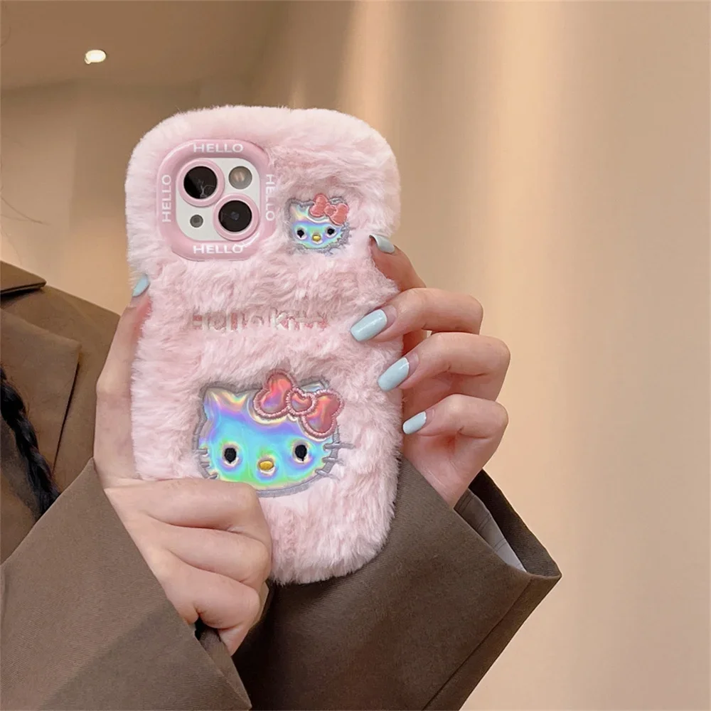 Cute Cartoon Anime Role Hello Kitty Plush Phone Case for IPhone 11 12 13 14 15 Pro Max Soft Lovely Fuzzy Anti-fall Back Cover