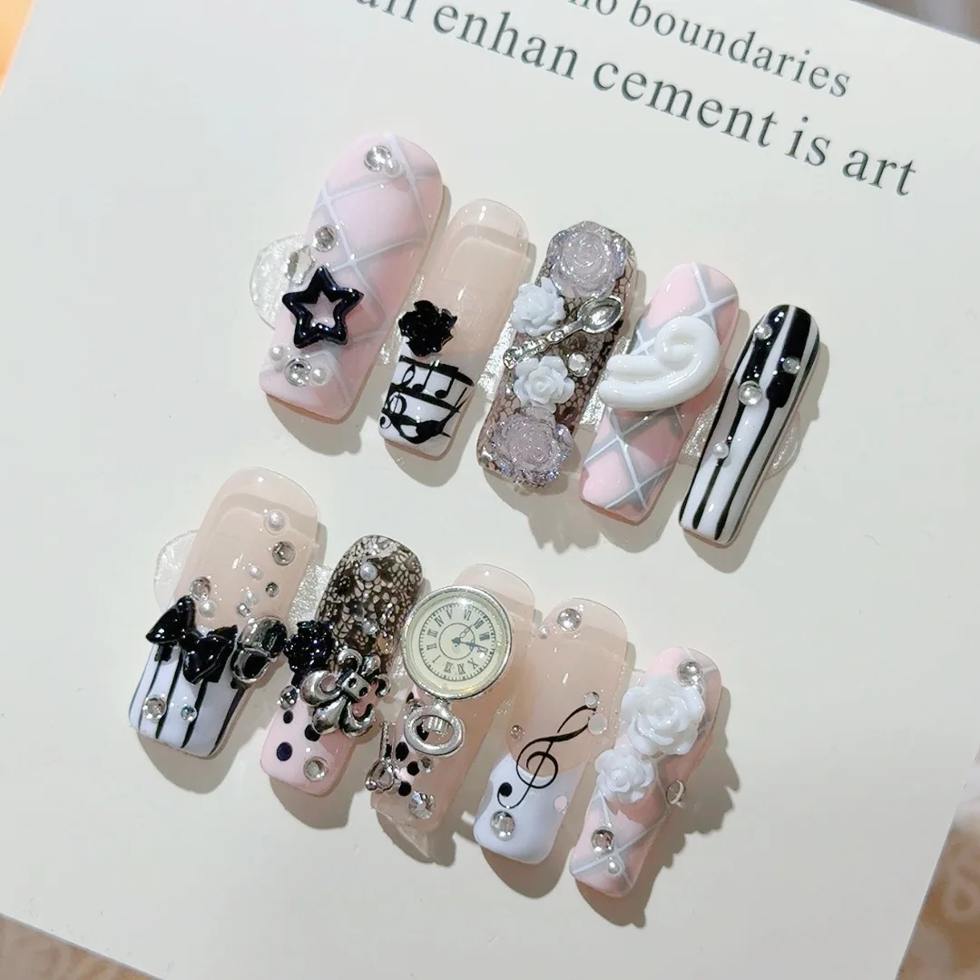 10pcs Handmade Pink Coffin Press on Nails European Piano Notes Flower Fake Nails Wearable Vintage Y2k Spice Girls False Nails