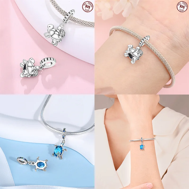 925 Sterling Silver Ocean Series Blue Turtle Starfish Shell Fit Original Bracelet Charms for Women diy Fine Jewelry Gifts
