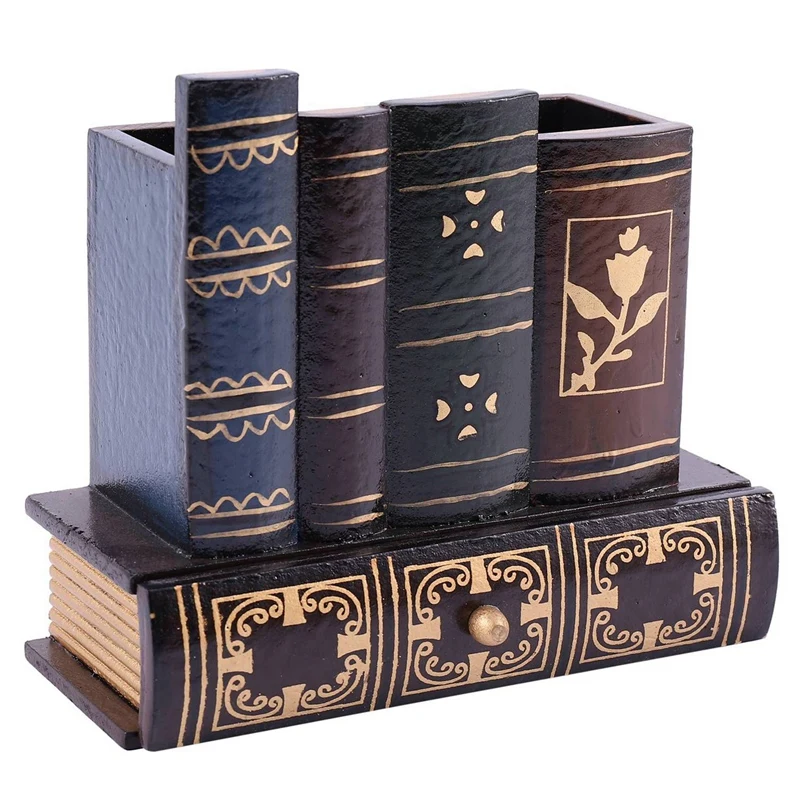 

2X Multifunction Retro Wooden Pen Holder Book Shape Wood Craft Home Decor Pencil Desktop Storage Box