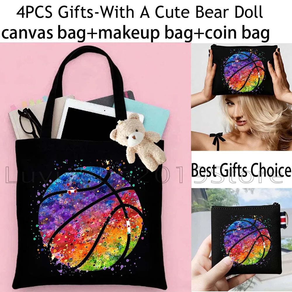 4PCS Gifts Basketball Ball Watercolor Sports Canvas Tote Bag Cotton Handbag,Cosmetic Makeup Bag,Coin Purse Wallet Zipper Pouch