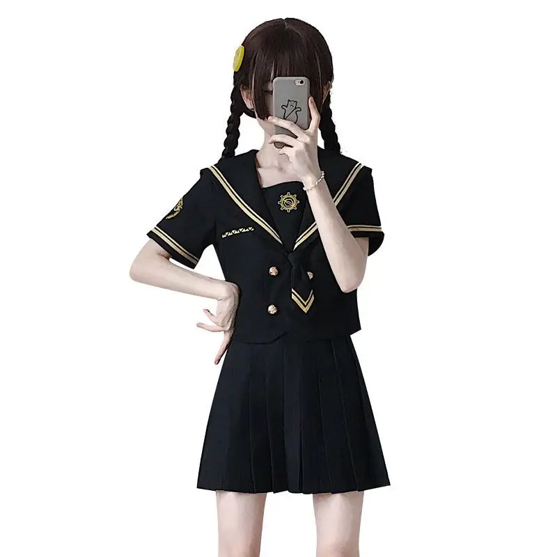 Japan JK Kawaii Harajuku Sailor Collar Navy Two Piece Set Sweet Girl Retro Preppy Style Sukienka z krótkim rękawem Kobiety 2024 Nowość