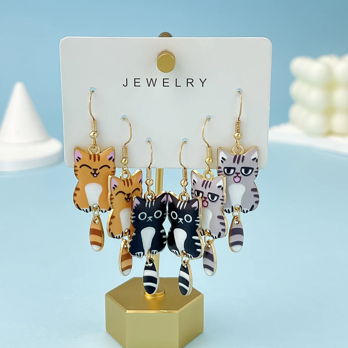 3 Pairs Cute Enamel Alloy Cat Dangle Earrings Set