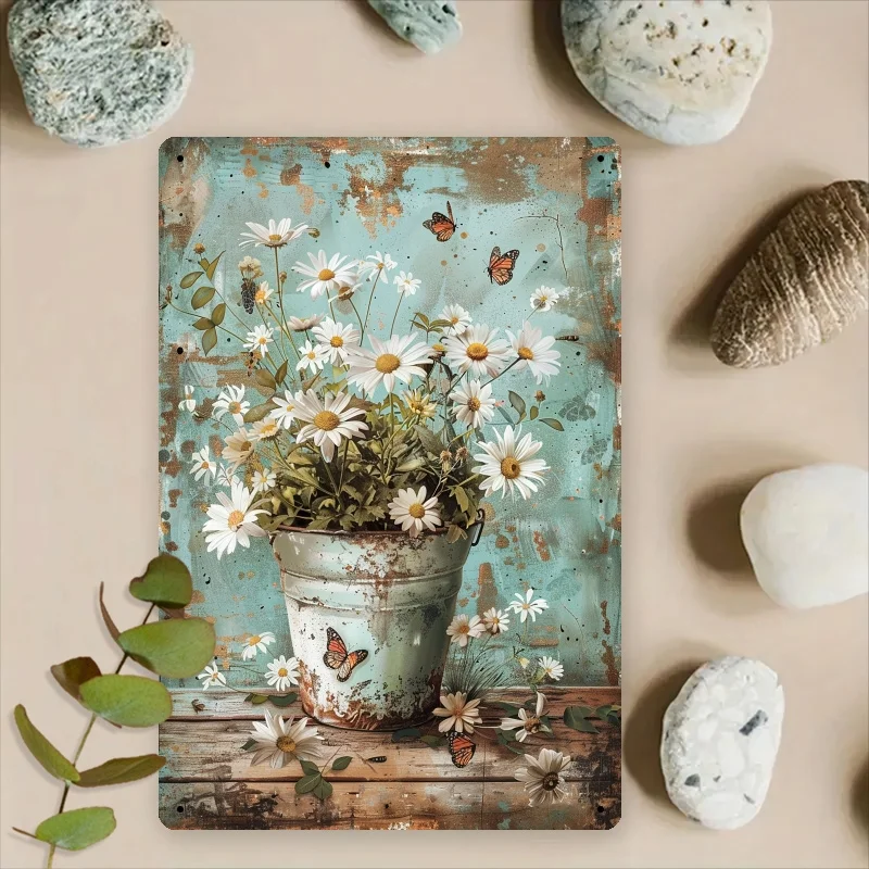 Vintage Country-Style Daisy Flower Pot Metal Decorative Sign, Suitable for Home, Flower Shop, Or Rustic Café Decor