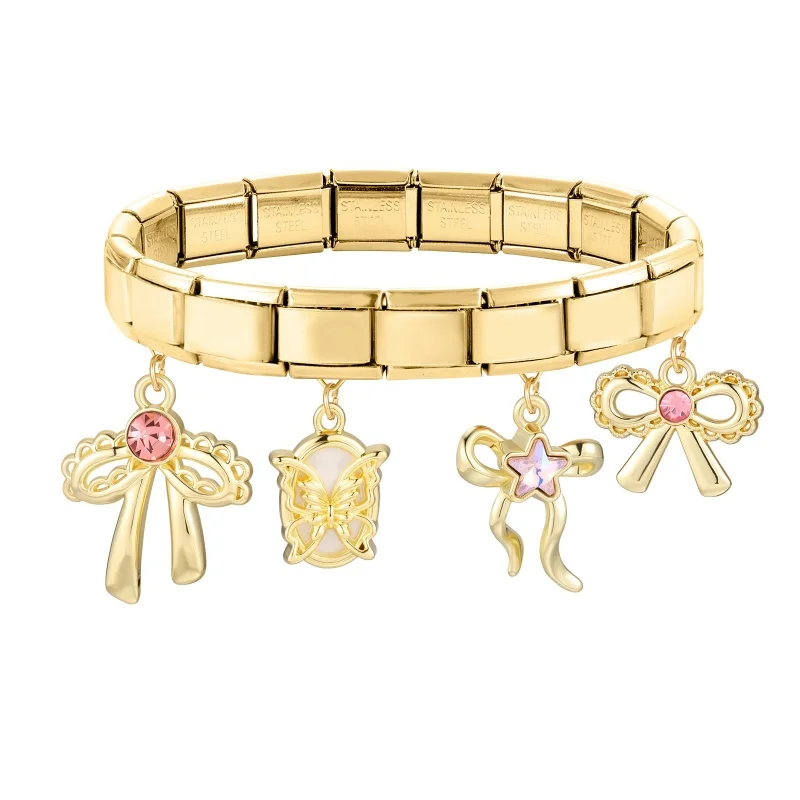 Wholesale Bow Butterfly Moon Cherry Shell Gold Color Pendant Italian Charm Links Fit 9mm Stainless Steel Bracelet DIY Making