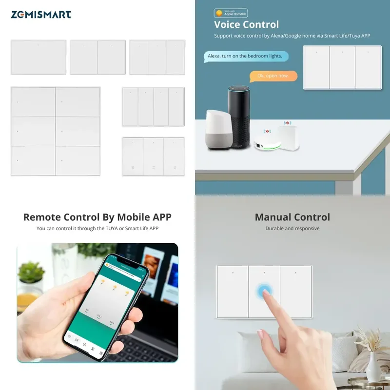 Zemismart Smart Wall Switch Purple Bee White Light Switch Curtain Switch with Neutral 1-6 Gang Alexa/Google Home Control