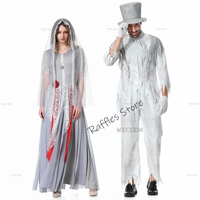 Corpse Ghost Bride and Groom Costume Cosplay Scary Zombie Masquerade Halloween Fancy Couple Wedding Suit Carnival Party Dress Up