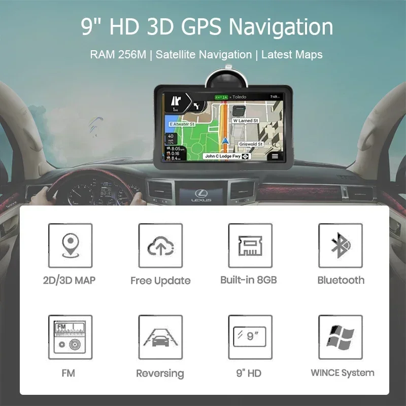 9-дюймовый большой экран для автомобиля, грузовика, GPS-навигация, wince 6,0 256 м, 8 ГБ BT AVIN, FM-передатчик громкой связи, карты Европы, 2021 г.
