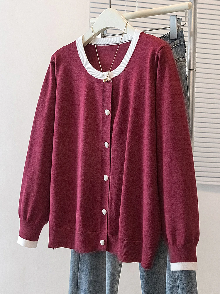 

plus Size Women's Knitted Open Cardigan Long Sleeve round Neck Slimming Effect Spring New Loose Color Block Red Sweater Jacket