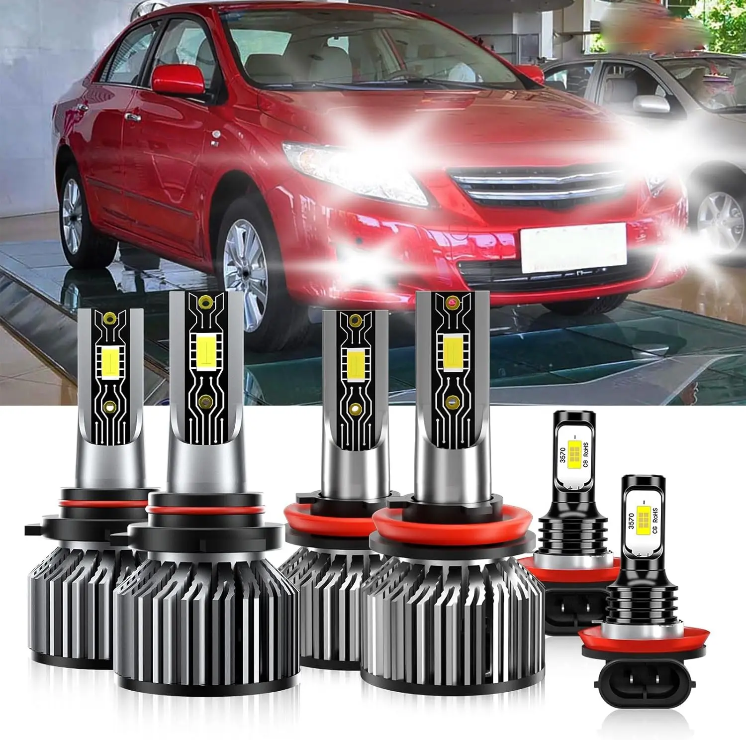 Compatible For Toyota Corolla 2017-2018 9005 H11 High/Low Beam H11 Fog Light Bulbs, 600% Brightness 6500K White with Cooling Fan