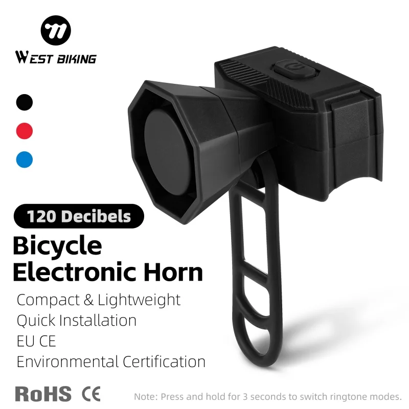 WEST BIKING – Klaxon électrique pour vélo, 120 dB, chargement Type-C, compact et léger, sonnette électronique pour vélo, accessoires de sécurité pour le cyclisme, livraison locale