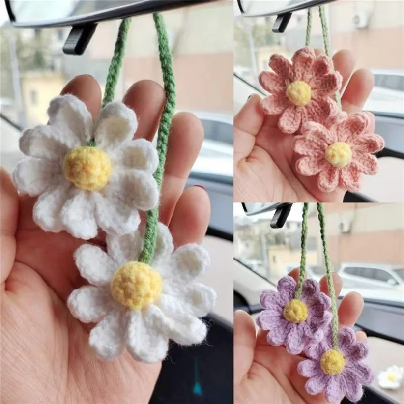 1pc Hand - Knitted Woolen Daisy Car Pendant, Rearview Mirror Woven Flower Decoration