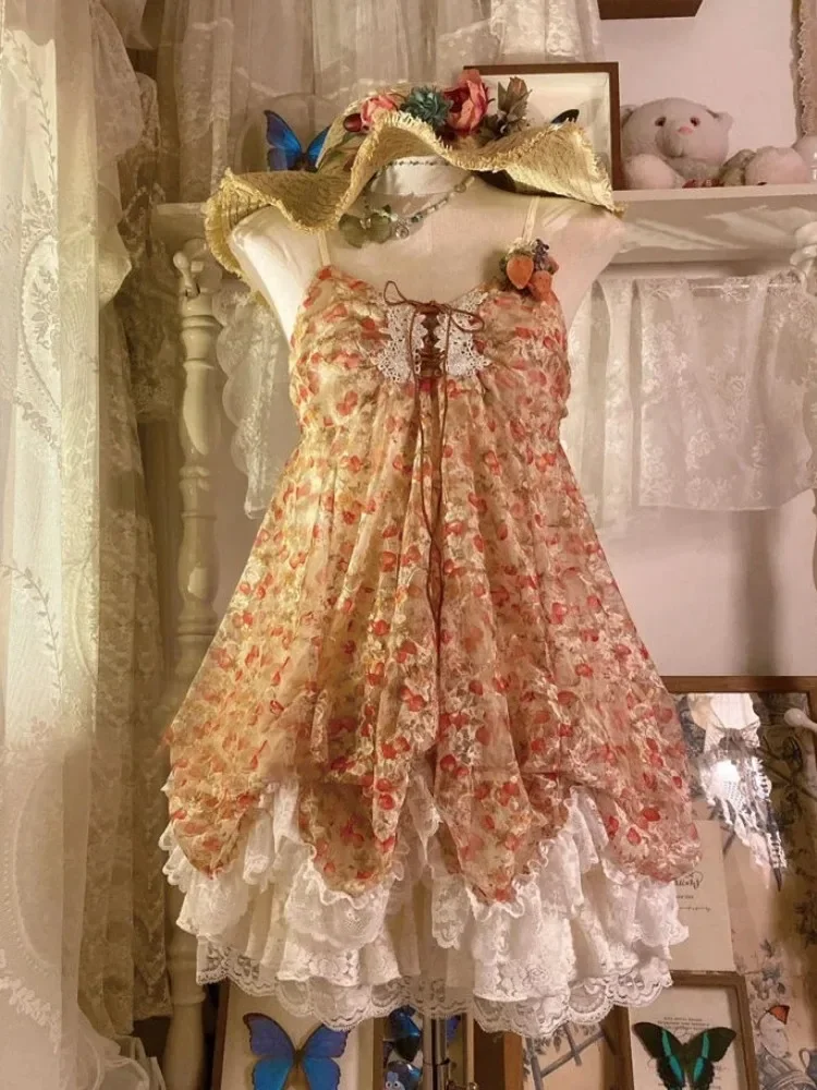 

Vintage Mini Dress Women Lace Retro Clothing Sleeveless Japanese Kawaii Lolita Dress Evening Party Chic Outfits 2000s Summer