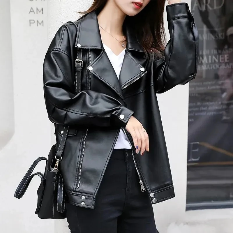 Women Autumn Pu Faux Soft Leather Motorcycle Zipper Jacket Coat Female Turndown Collar Slim Biker Coats Basic Streetwear