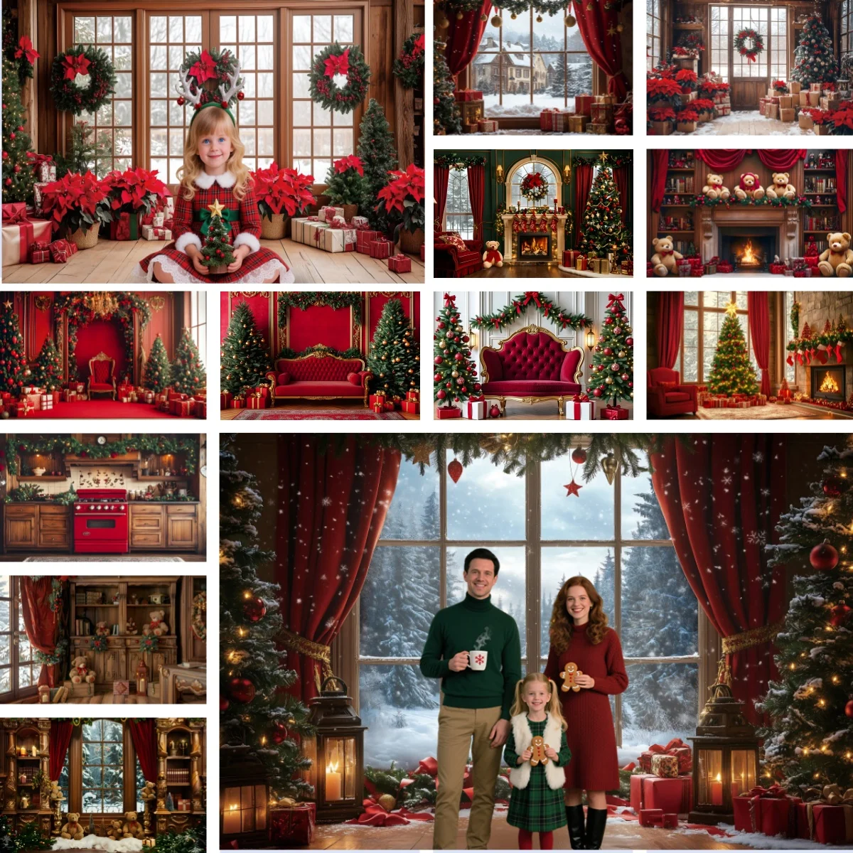 Christmas Fireplace Photography Backdrop Red Curtain Cabinet Sofa Teddy Bear Xmas Tree Gift Kid Family Portrait Photo Background