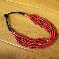 NK253 Ethnic Tibetan Jewelry Brass Red Glass Beads Multi Rows Women Beaded Necklace