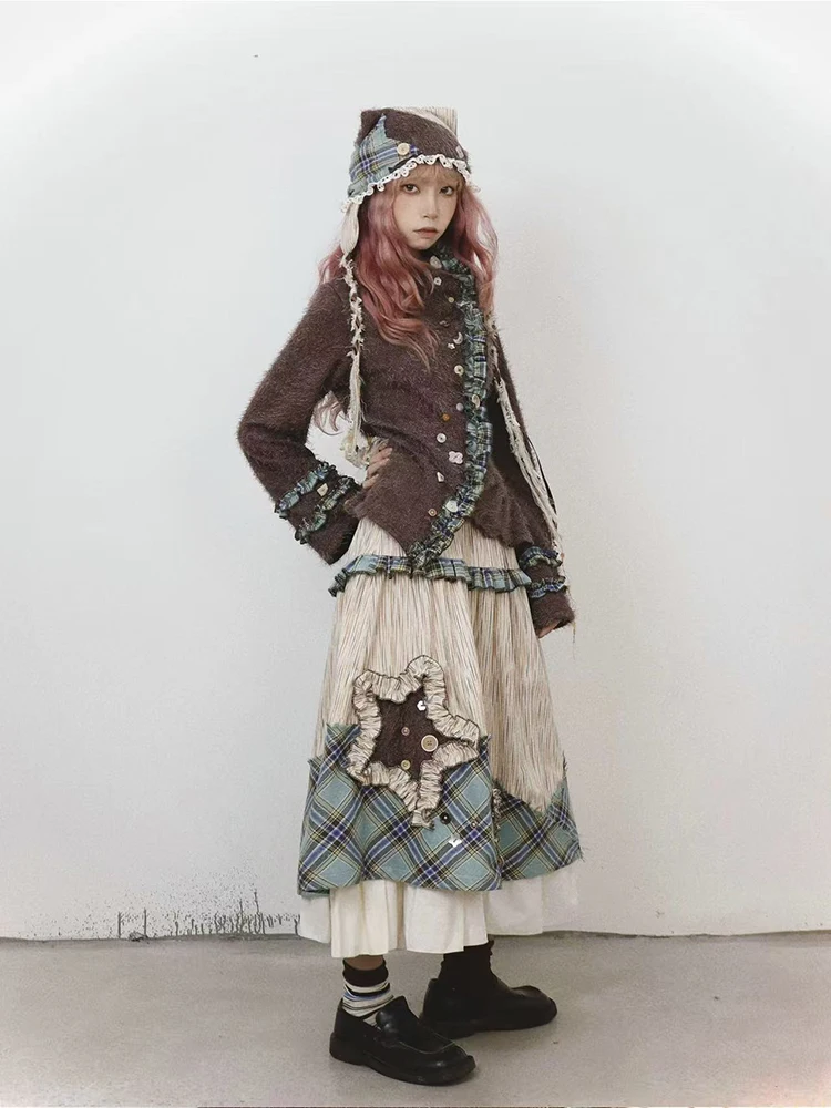 منقوشة المرقعة طيات التنانير للنساء Y2K الخريف عالية الخصر الربط فضفاض ميدي التنانير الكورية الحلو Preppy ألف خط التنانير Mujer