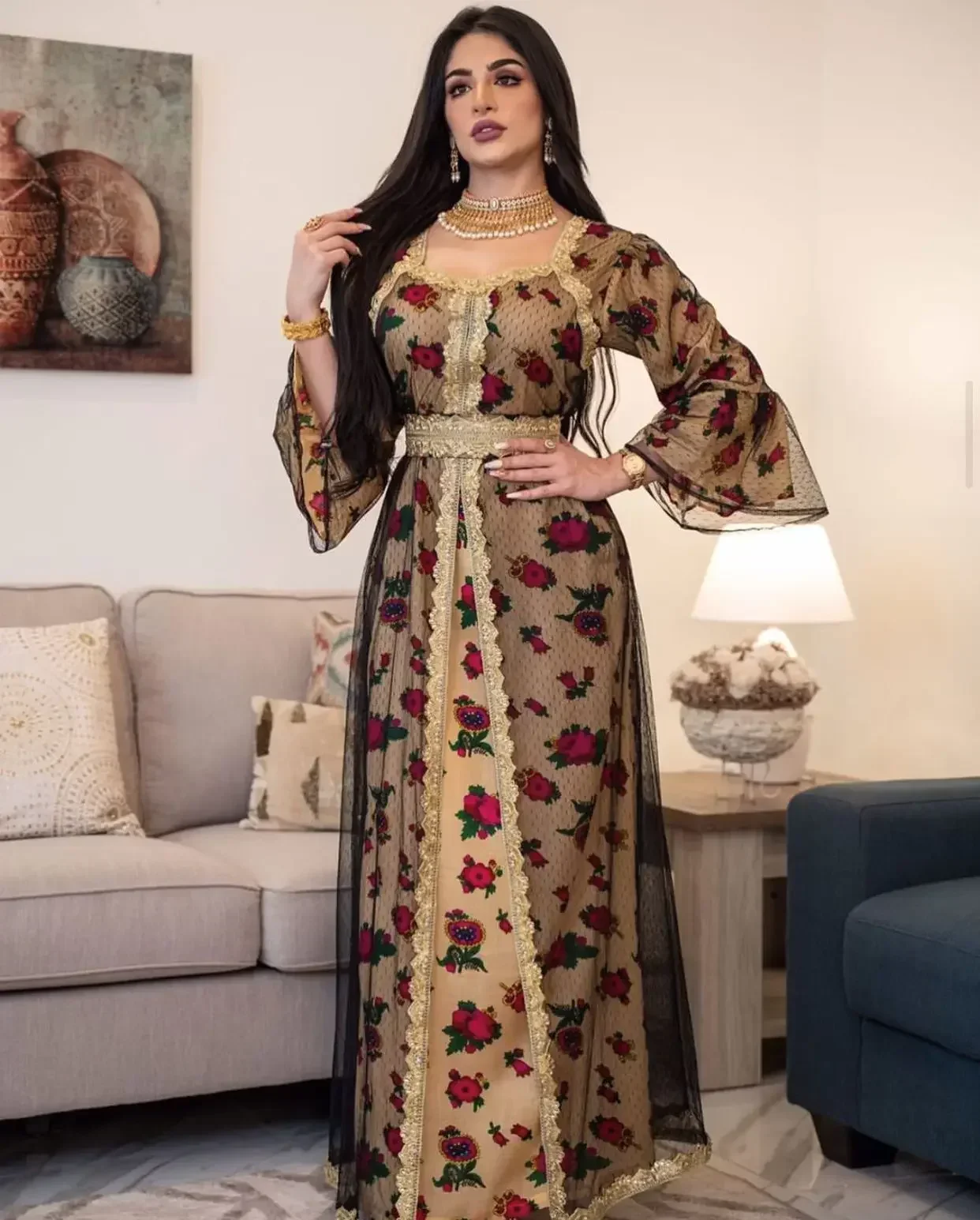 Printed Embroidery Kaftan Dubai Abaya National Style Arab Turkish Saudi African Abayas for Women Caftan Robe Women Muslim Dress