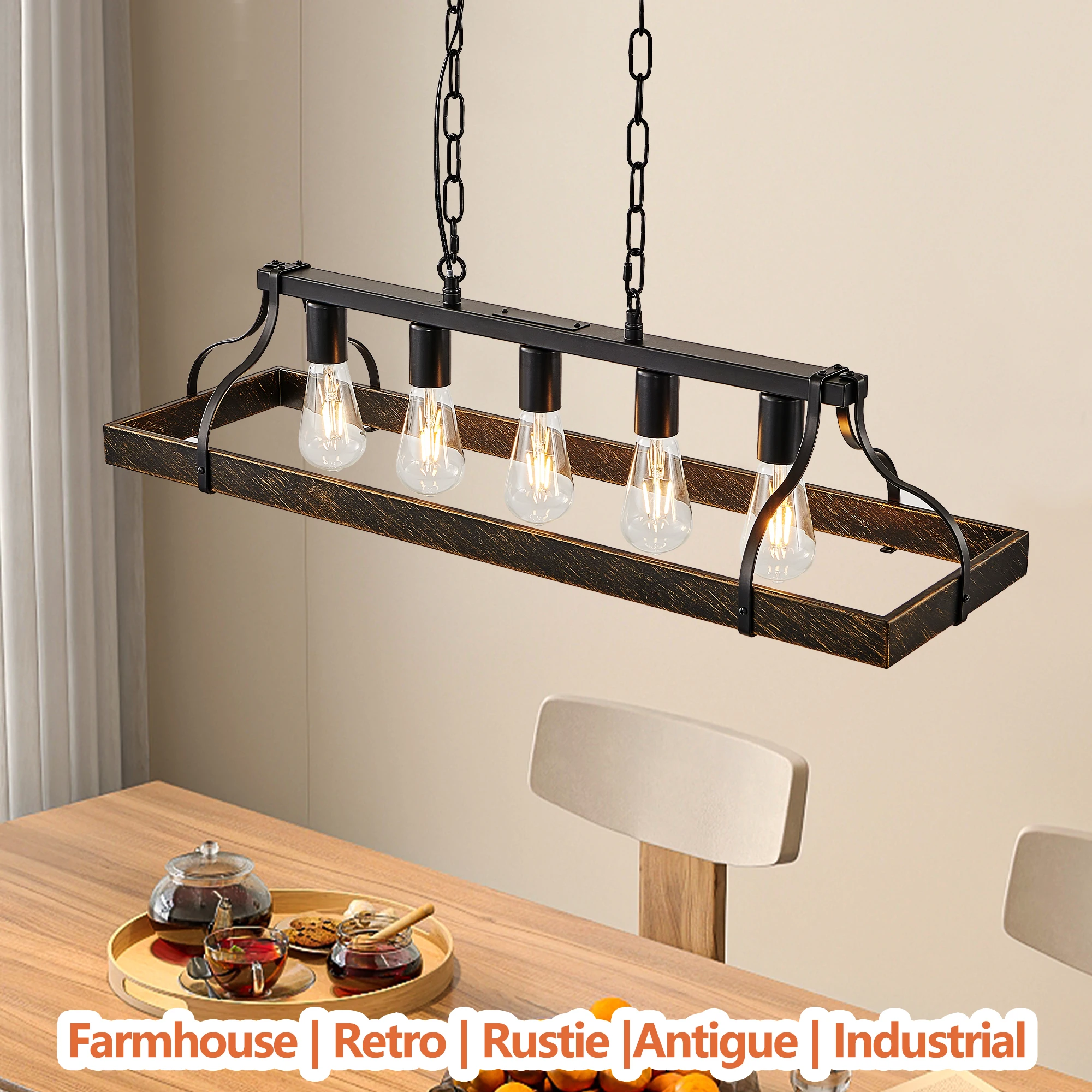 

Black and Gold Vintage Pendant Light, Need 5 E26 Bulb , Adjustable Chain Height Antique Style Chandelier(No Bulb)