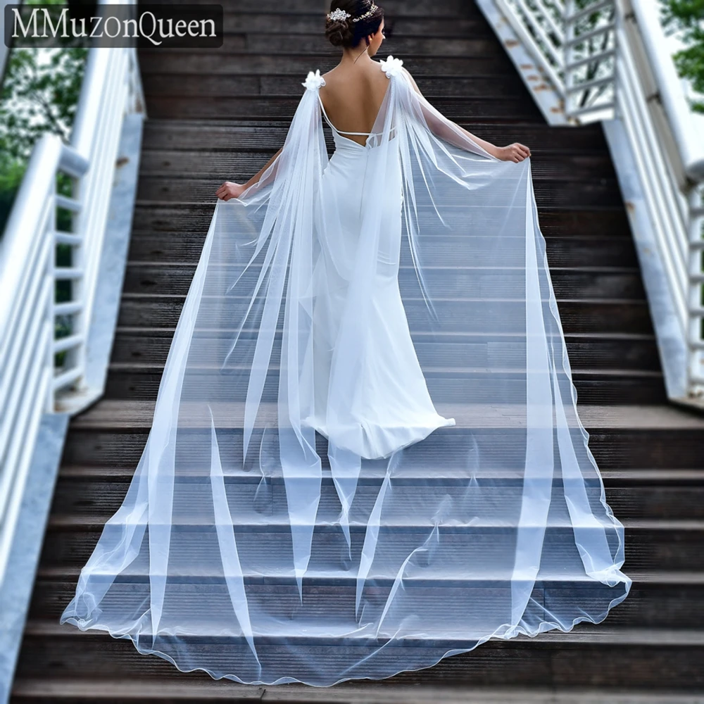 MMQ MG11 Elegant Long Wedding Shawl 3D Flower Sparkling Rhinestone Edge Bridal Capes Tulle Veil Accessories DIY Customized