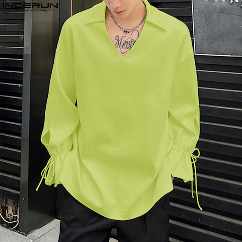 INCERUN Tops 2025 Korean Style Fashion New Men's Solid Color Long Sleeved Shirt Casual Streetwear Male Simple Lapel Blouse S-5XL