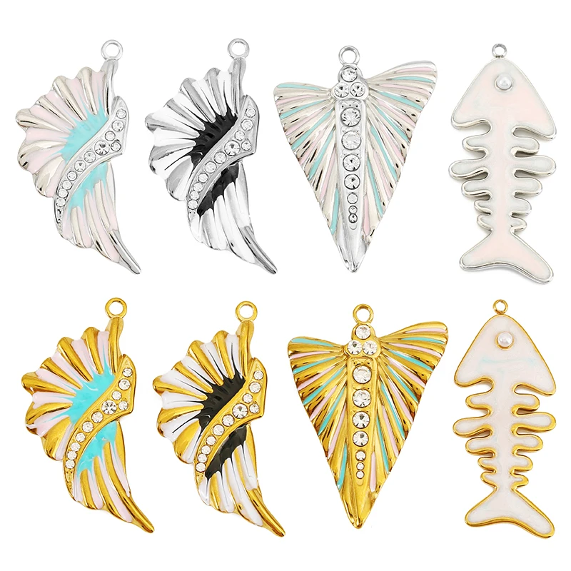2pcs Stainless Steel Zircon Enamel Wings Fishbone Big Charms Pendant for DIY Earring Necklace Jewelry Making Accessories Finding