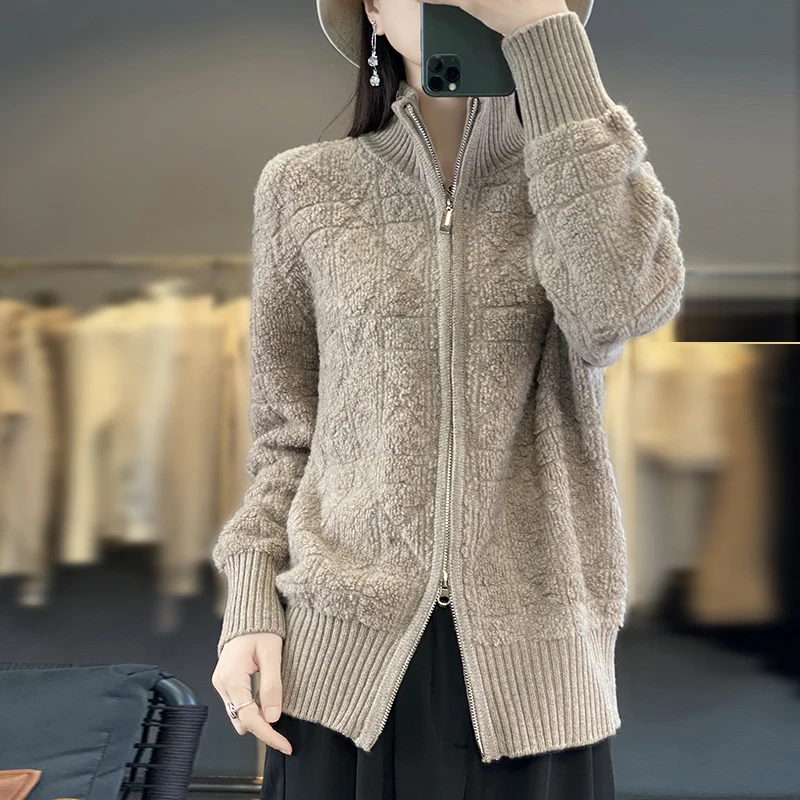 Women\'s 100% Merino Wool Knitting Sweater Standing Collar Fleece Cardigan Autumn/Winter Casual Loose Top Cashmere Zipper Jacket