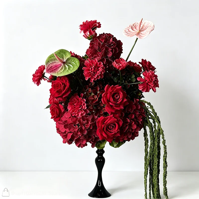 Rosa-weiße Hortensien-Rosen-Anthurien-Kunstblumen-Arrangement Hochzeitstisch-Mittelstück Hängender grüner Amaranthus Partydekoration – Detail 5