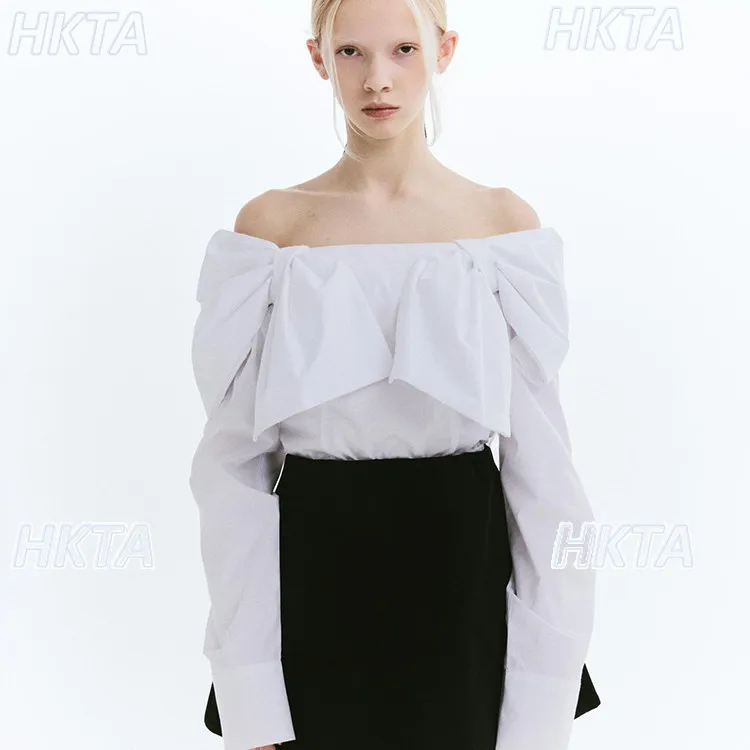 

Japanese Off Shoulder Large Bows Decorative Shirt Girl Sexy One-line Collar Elegance Long Sleeve Blouse Black and White Shirts