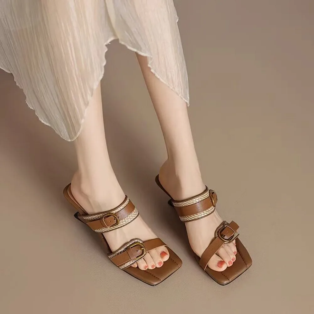 Vintage Braided Belt Buckle Open Toe Wedges Women's Sandals Summer New Square-toed Outdoor High-heeled Slippers view 4