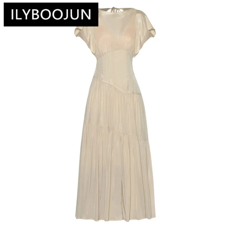 

ILYBOOJUN Summer High Quality New Arrivals Women Dress Elegant Temperament Petal Sleeve Solid Color Ruched Patchwork Dresses