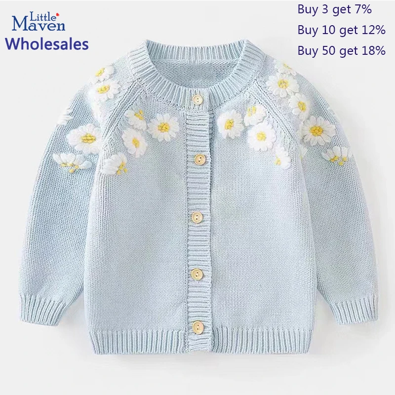 

Little maven Wholesale Baby Girls Sweater Light Blue Casual Clothes 2024 Autumn Children Cardigan Pretty Coat for Kids 2-7 year