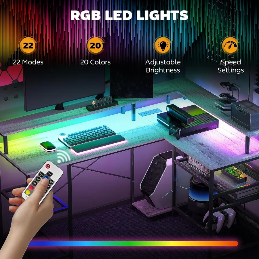 مكتب على شكل حرف L مع أضواء LED ومنافذ طاقة 59 مكتب ألعاب مع حامل شاشة وأرفف تخزين للمنزل والمكتب والمنتجعات الصحية الصغيرة