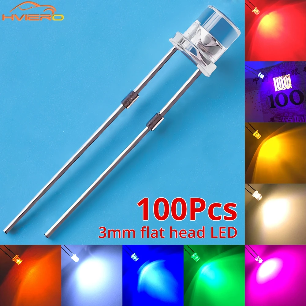 100Pcs F3 3mm 2pins Flat White Red Yellow Blue Green Pink Diode Led Wide Angle Light Emitting Diodes Lamp Ultra Bright LED Bulbs