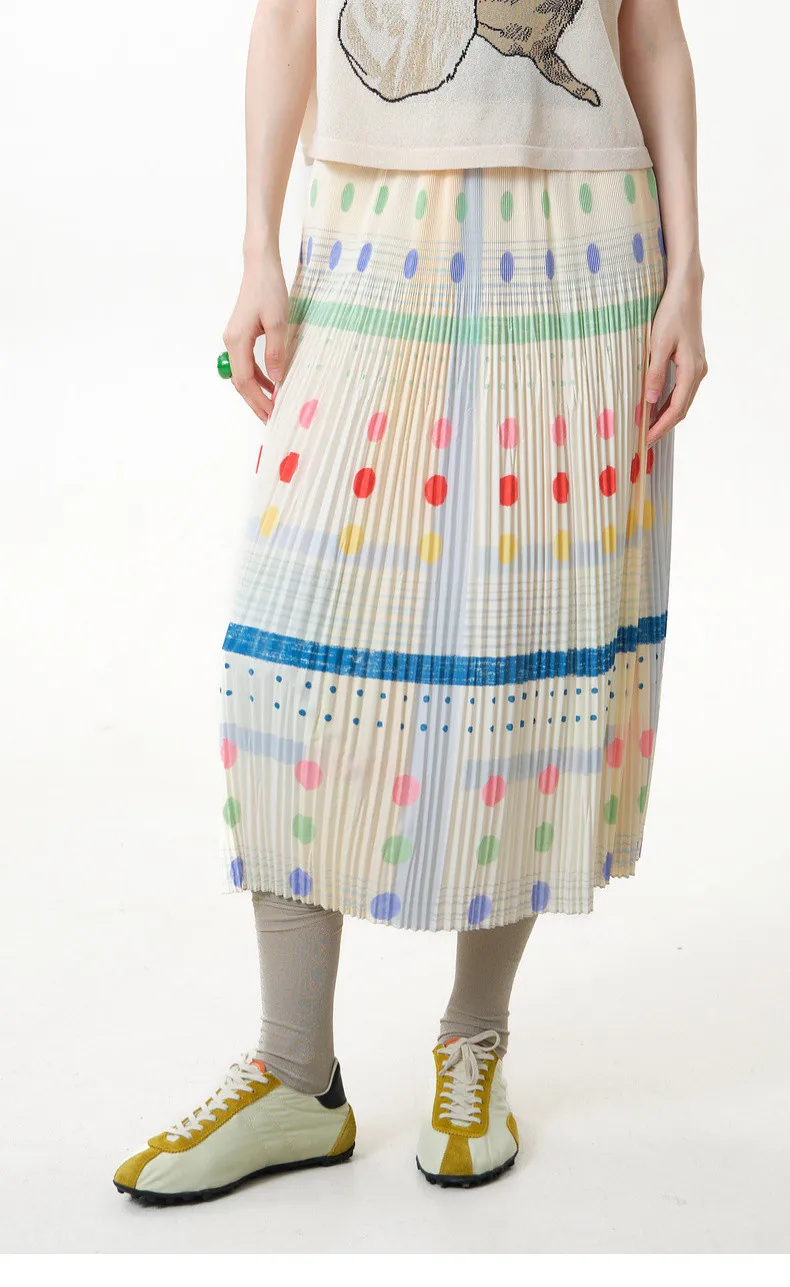 Cute Polka Dot Stripe Pleated Midi Skirt Women Elastic Waist Flowy Accordion Pleat A-Line Summer Vacation Casual Sweet Office