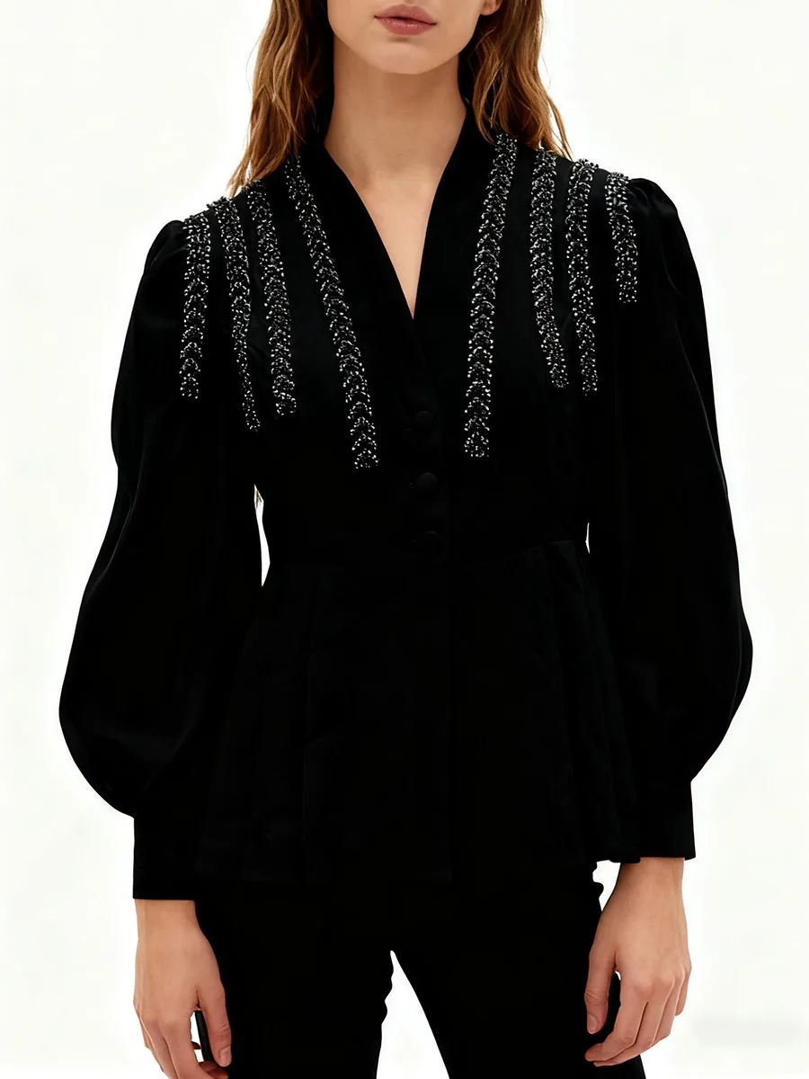 TWOTWINSTYLE Camicie di base con perline impiombate solide per le donne Scollo a V maniche lunghe Tunica Patchwork Ruffles Camicia elegante Abiti femminili