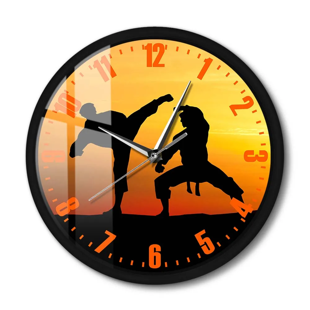 

Japanese Martial Arts Karate Metal Frame Wall Clock Karate Players Fight Against The Sky Silent Watch Karateka Sensei Home Decor